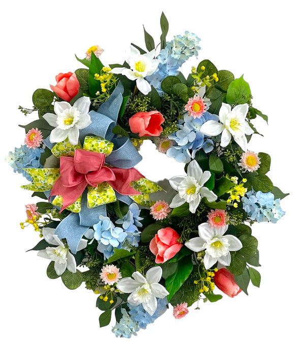 Blue, White, Coral Spring Wreath/ENG384