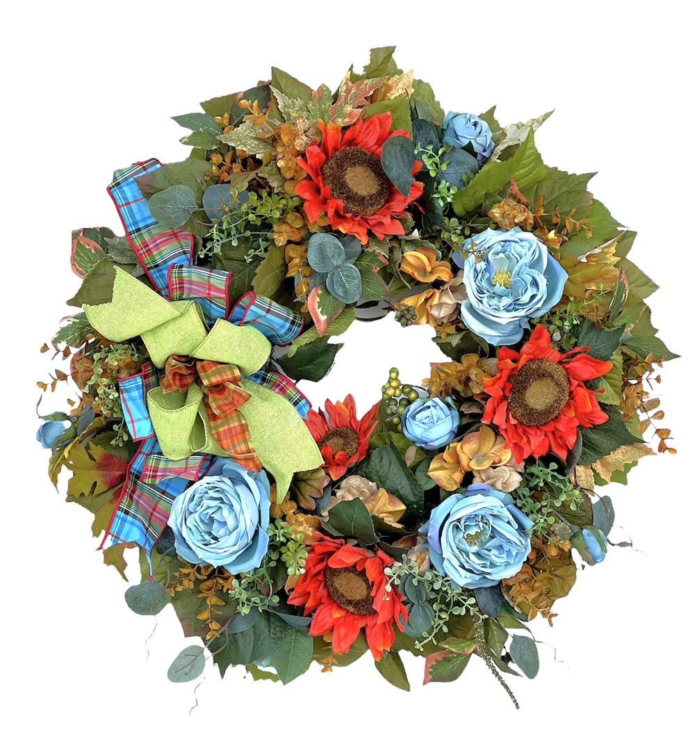 Orange Sunflower and Aqua Open Rose Silk Floral Fall Wreath/HARV166