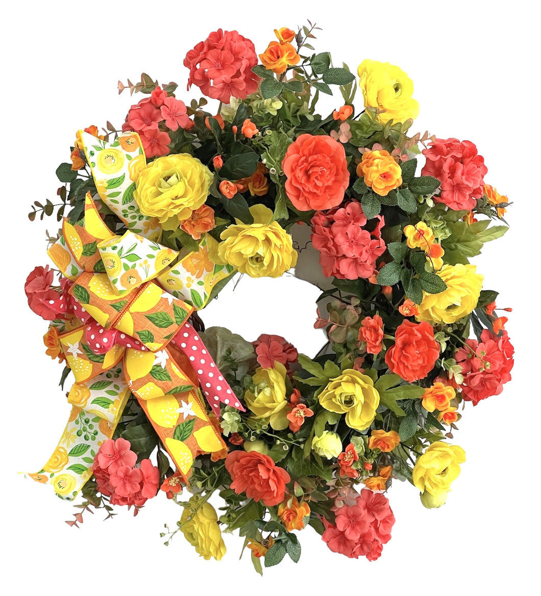 Orange, Yellow and Pink Silk Floral Summer Wreath/VER170