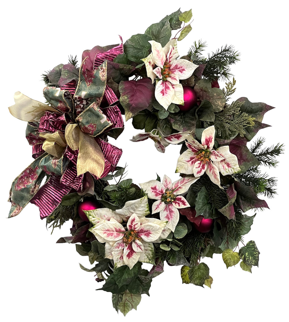 Cream and Burgundy Silk Floral Holiday Wreath with Holiday Balls/HOL20