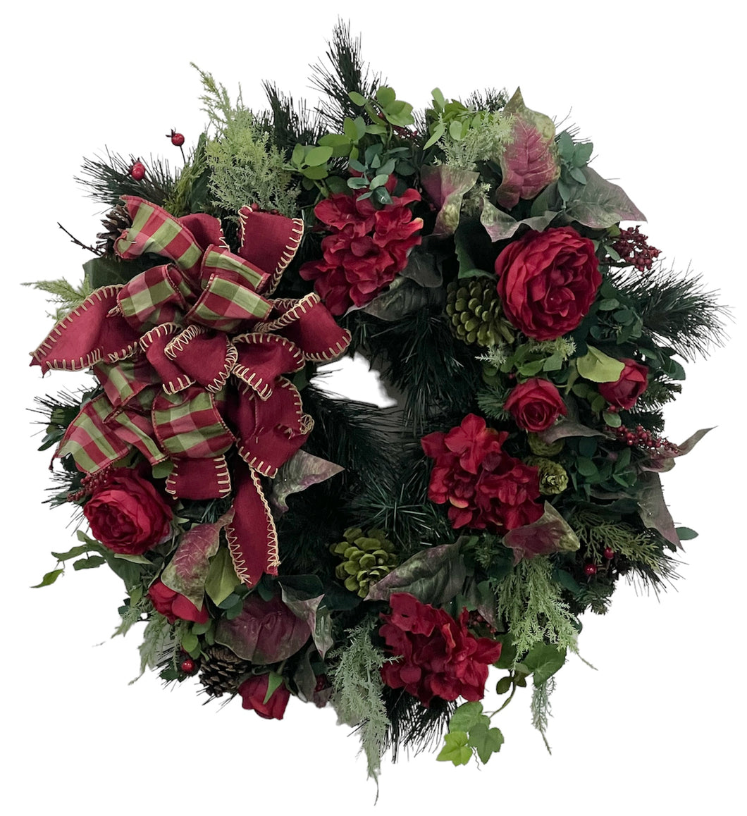 Red and Green Silk Floral Transitional Winter Wreath/Trans55