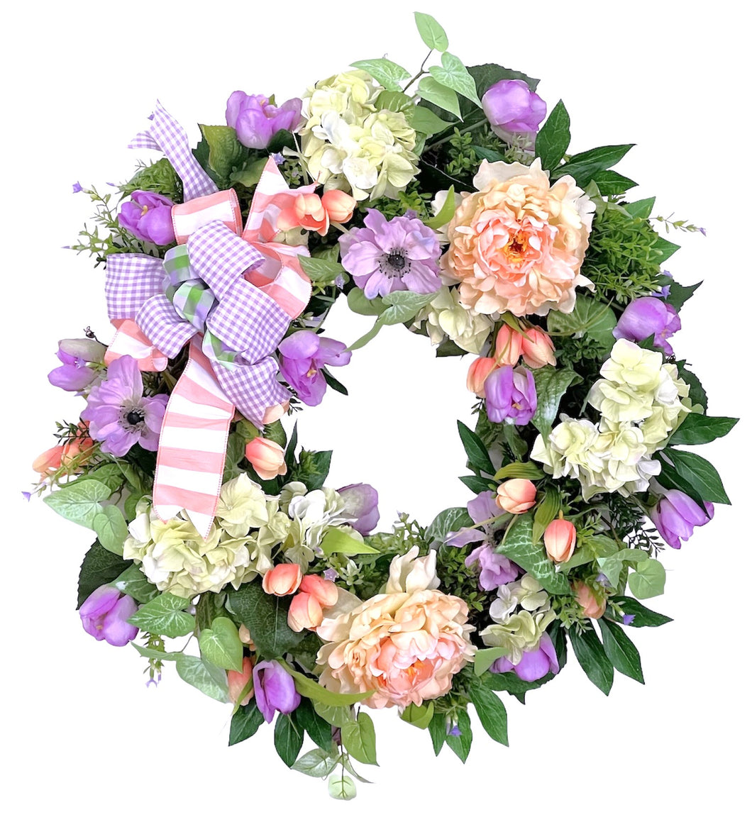 Peach Peony and Green Hydrangea Spring Wreath/ENG23 - April's Garden
