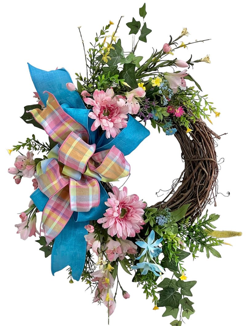 Pink and Yellow Silk Floral Petite Spring Summer Crescent Wreath/ENG290