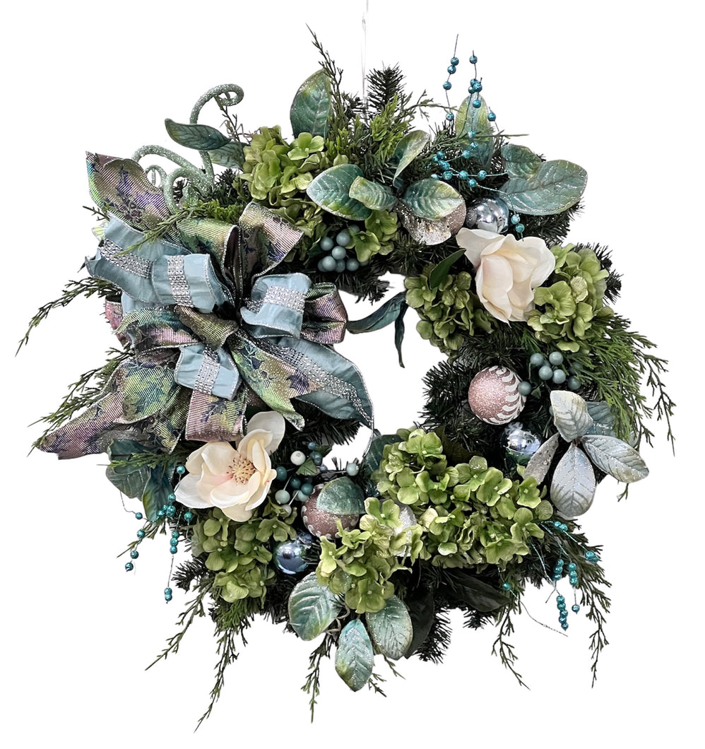 Cream Magnolia and Green Hydrangea Silk Floral Winter Holiday Wreath/HOL143