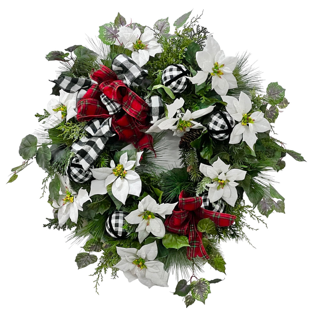 White Poinsettia Silk Floral Winter Wreath w. Buffalo Plaid Decor/HOL98