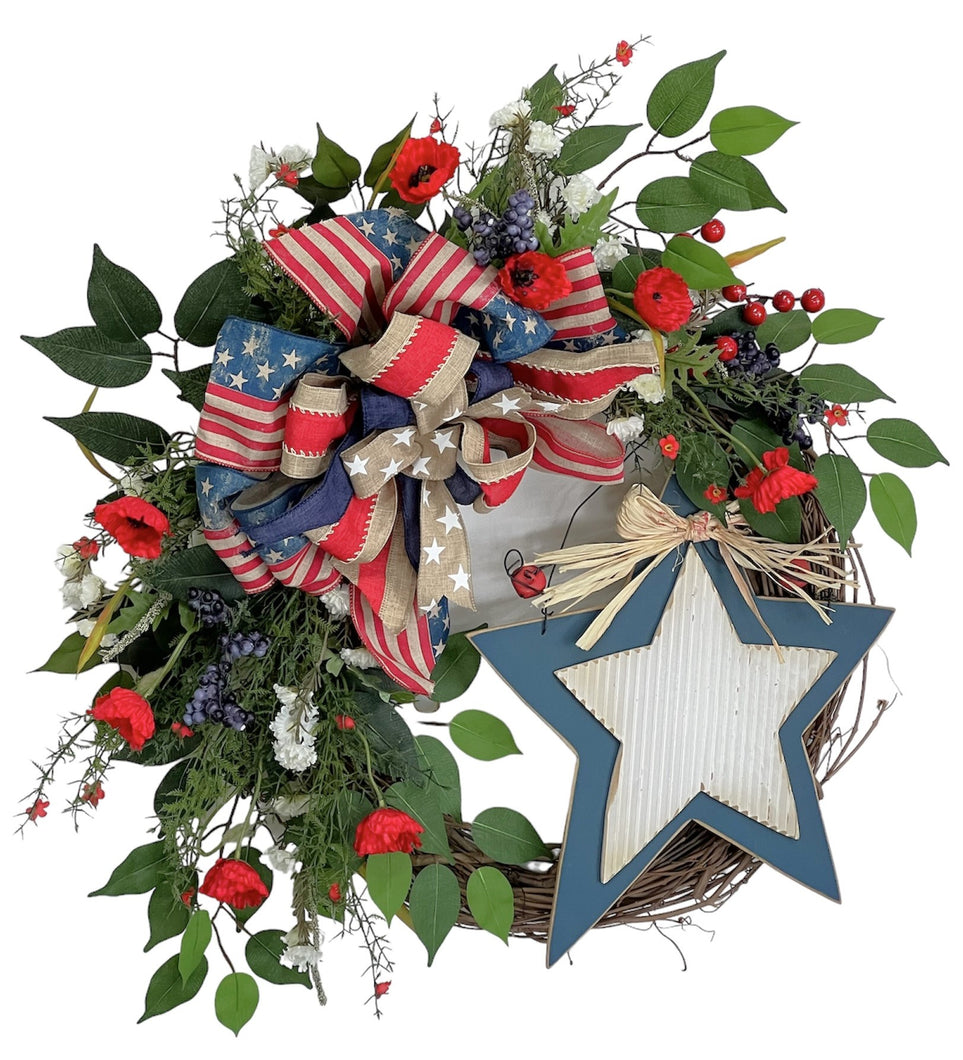 Red, Cream and Blue Silk Floral Americana  Wreath with Wooden Star/AMC50