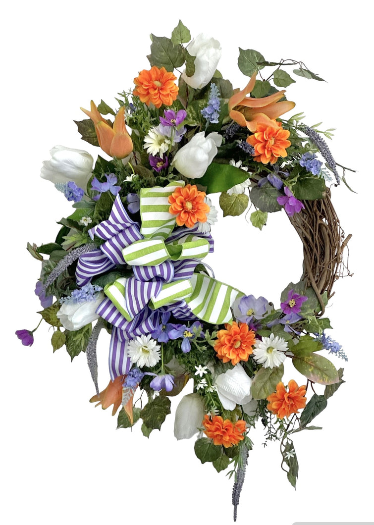 Orange, Purple and White Silk Floral Spring Tulip Wreath/Eng202