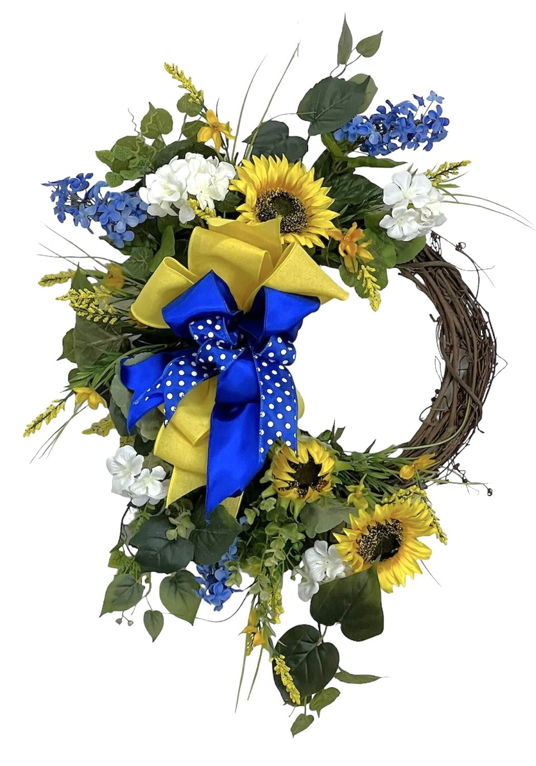 Gold Sunflower with Blue Lilac Silk Floral Petite Spring Summer Crescent Wreath/Eng303