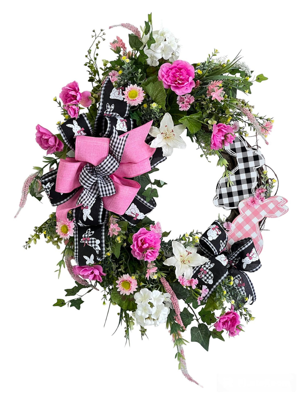 Pink Camellia and Cream Lily Bunny Wreath/ENG328