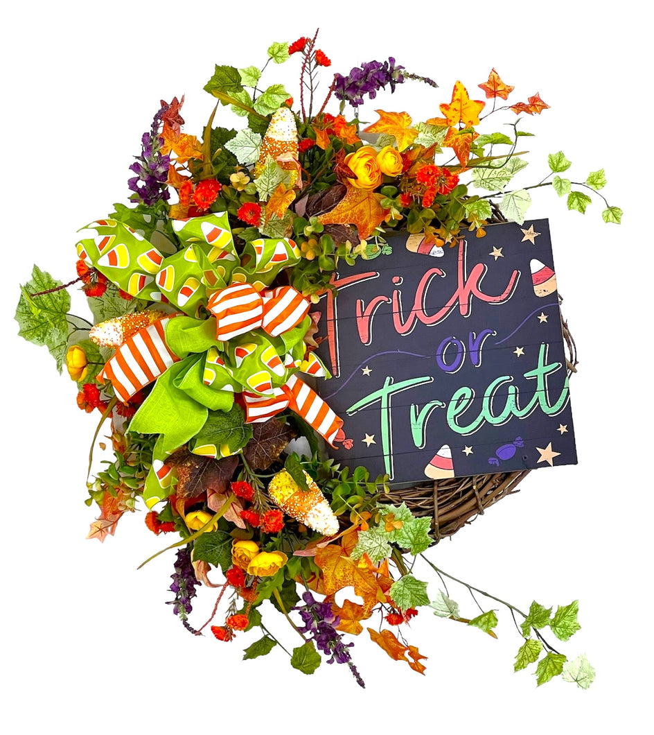 Orange and Green Silk Floral Large Crescent Halloween Wreath with Trick or Treat Plaque/Hal39