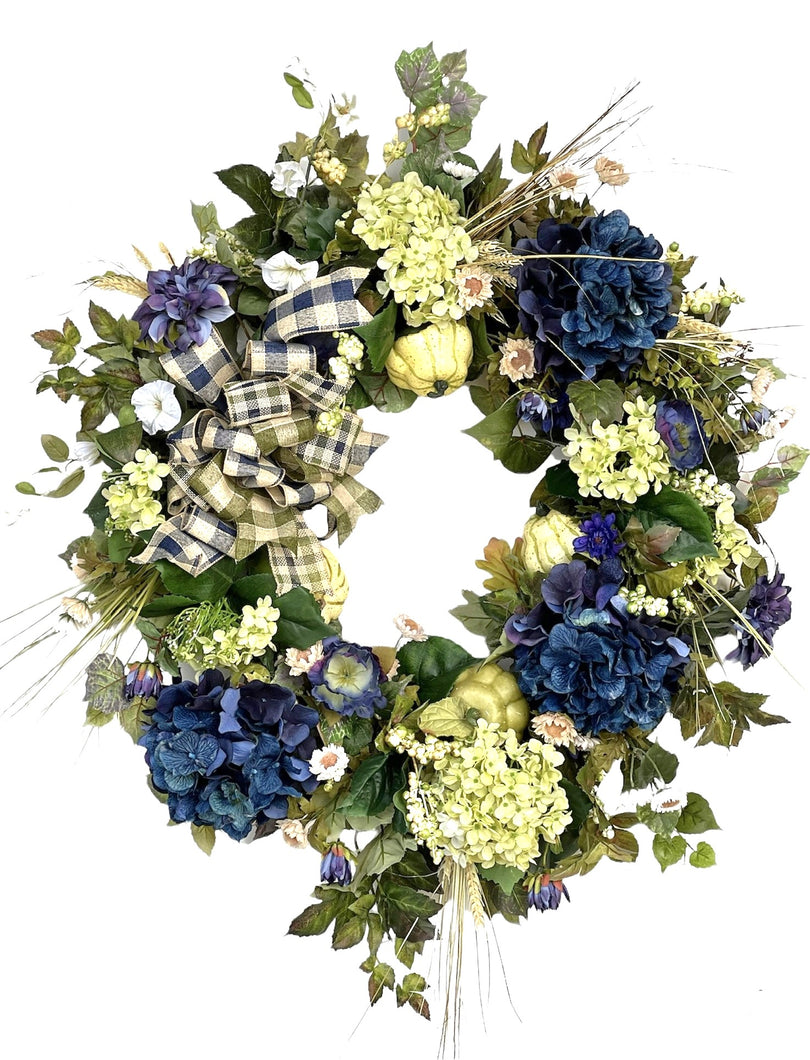 Light Green and Navy Silk Floral Extra Large Fall Wreath with Hydrangeas/Harv213