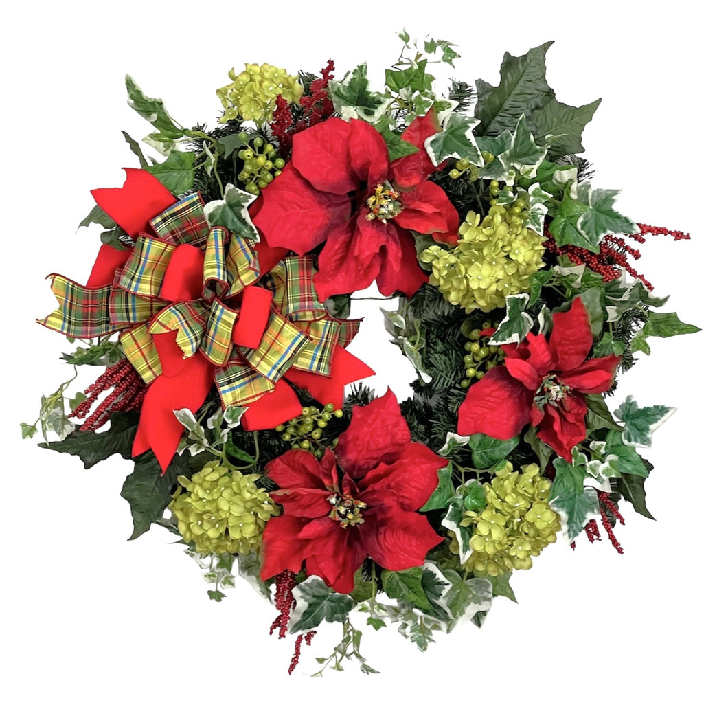 Red Poinsettia and Green Hydrangea Silk Floral Christmas Wreath/HOL138
