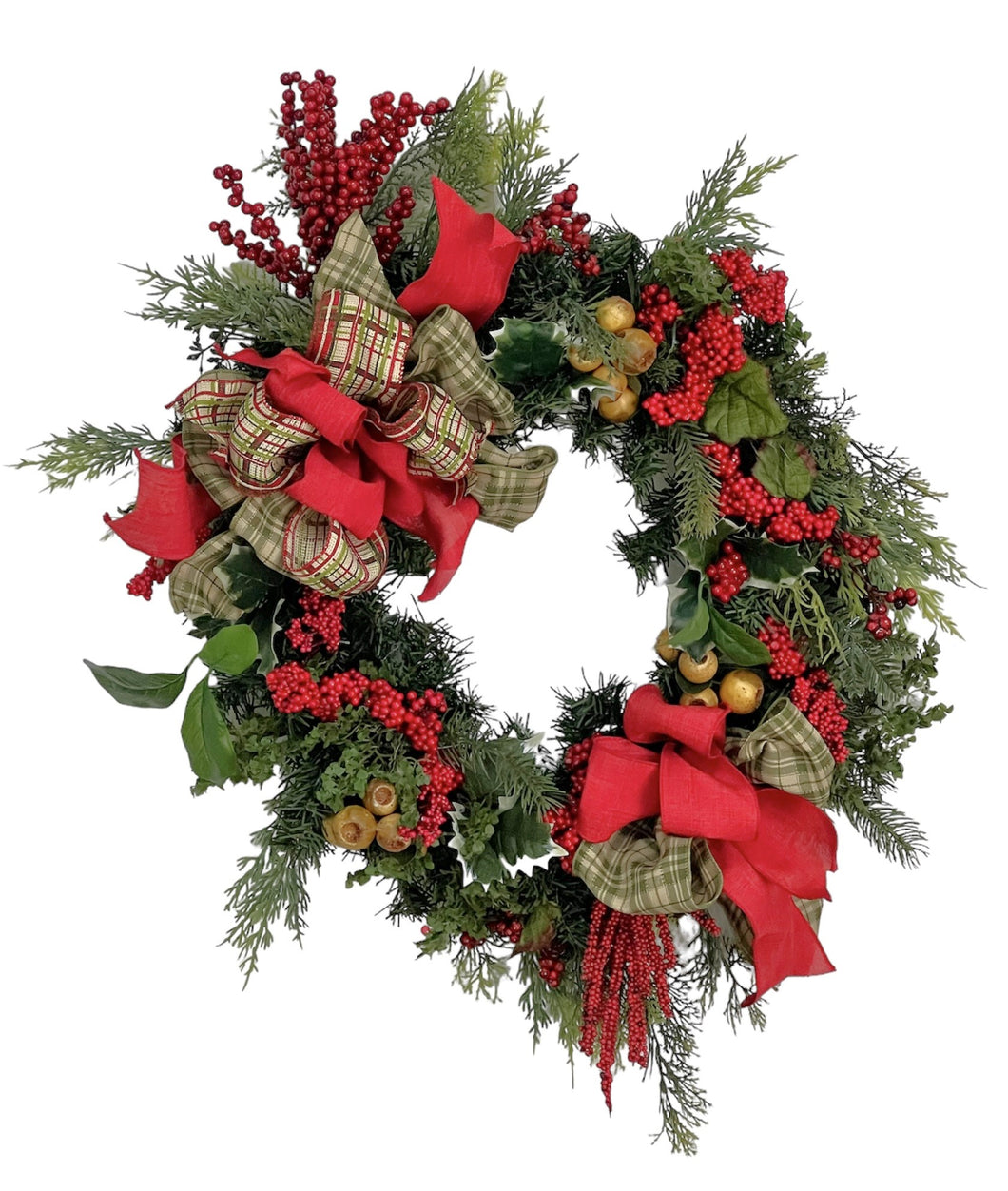 Red Berry Double Ribbon Winter Wreath/HOL173