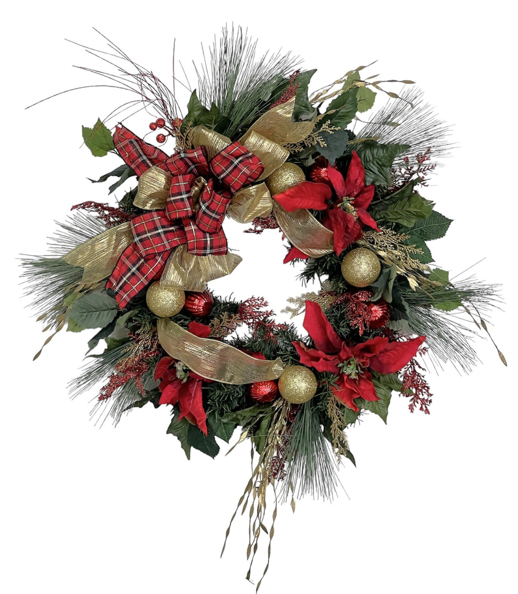 Red Poinsettia with Plaid and Gold Ribbon/HOL174