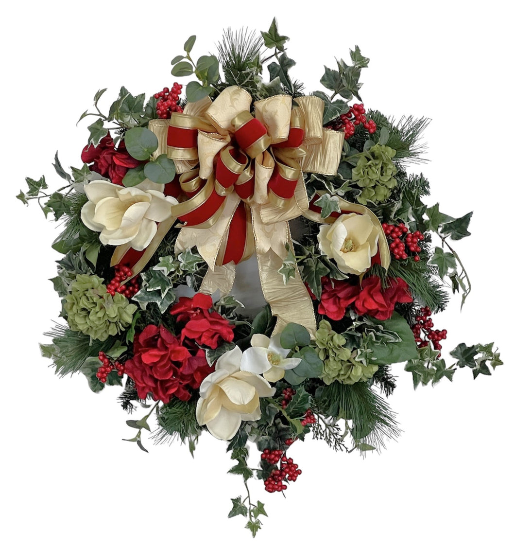 Cream, Antique Red and Green Silk Floral Winter Hydrangea and Magnolia Wreath/TRANS76