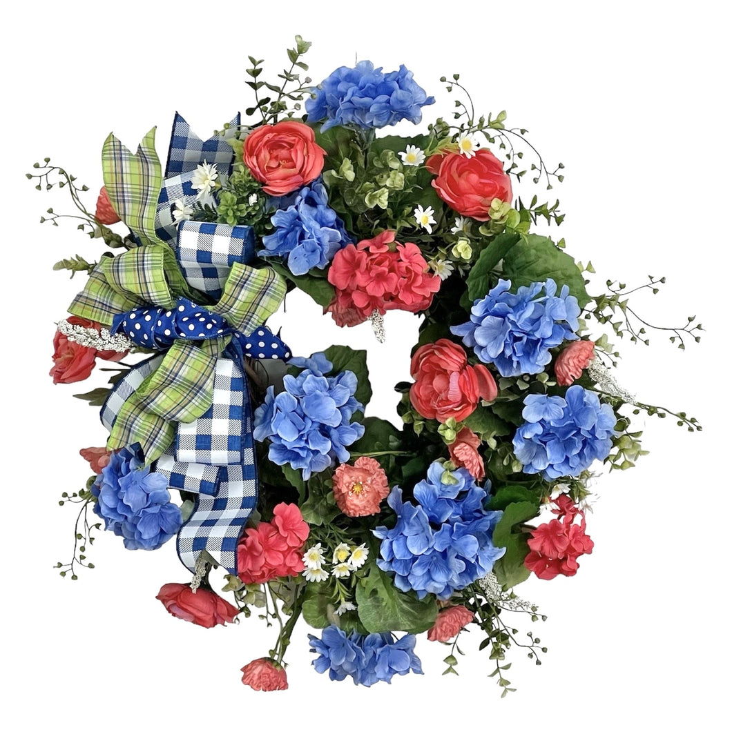 Blue and Coral Silk Floral Summer Wreath with Hydrangeas/VER176