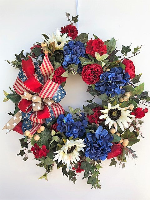 Red, Cream and Navy Silk Floral Americana Wreath with Sunflowers/AMC29 - April's Garden Wreath
