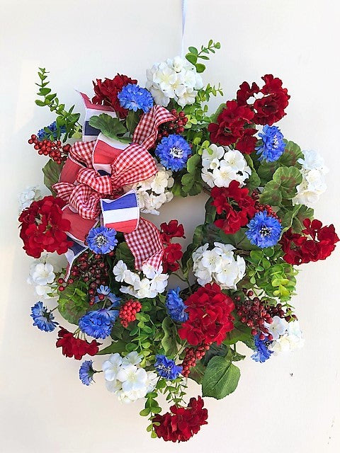 Cream, Red and Blue Silk Floral Americana Summer Wreath/AMC30 - April's Garden Wreath