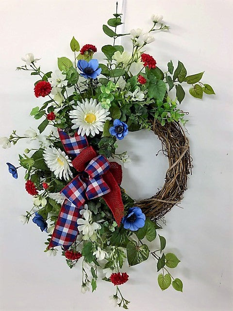 Red, White and Blue Silk Floral Crescent Americana Wreath/AMC34 - April's Garden Wreath