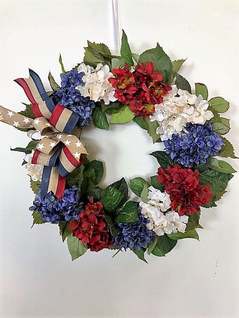 Red, Cream, Navy Silk Floral Americana Hydrangea Wreath/AMC39 - April's Garden Wreath
