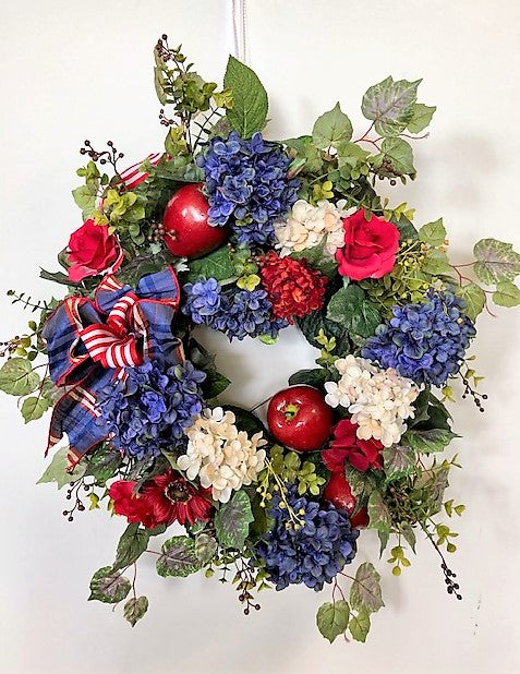 Red, Navy, and White Americana Summer Wreath with Apples/AMC40 - April's Garden Wreath
