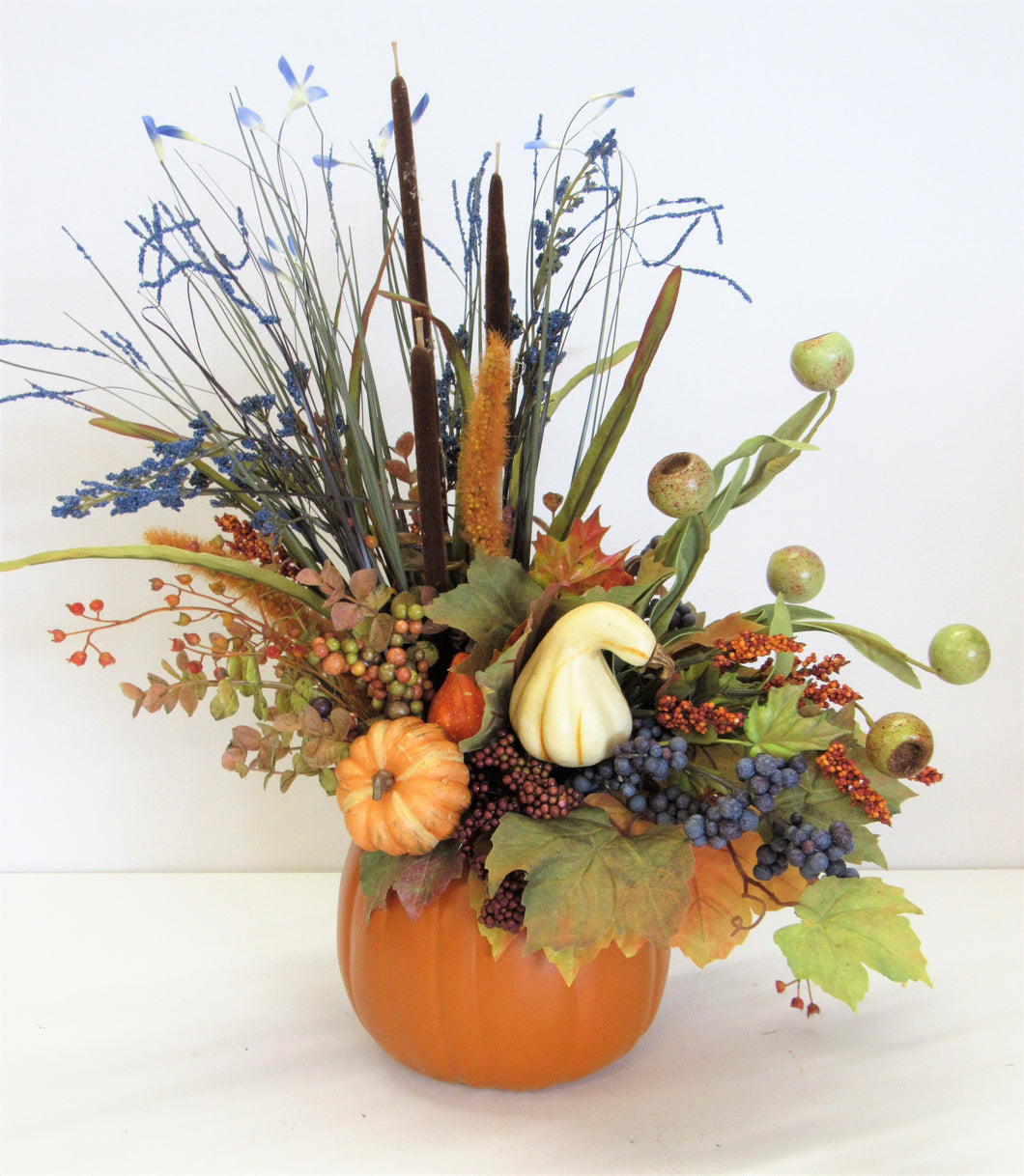 Cream and Olive Silk Floral Fall Arrangement in a Pumpkin Containter/BA07 - April's Garden Wreath