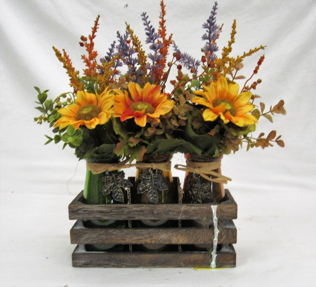 Fall Silk Floral Sunflower Arrangment in Glass Bottles with Wooden Tray/BH09 - April's Garden Wreath