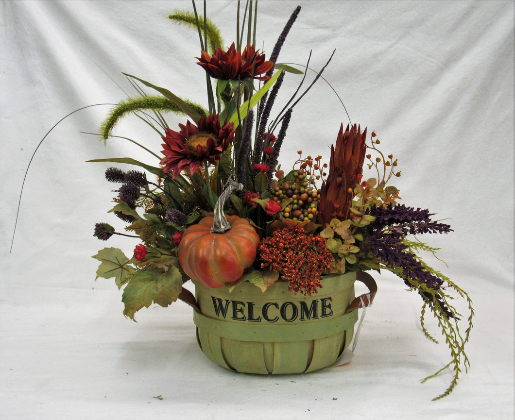 Orange and Burgundy Silk Floral Fall Arrangement in a Welcome Basket/ BH17 - April's Garden Wreath