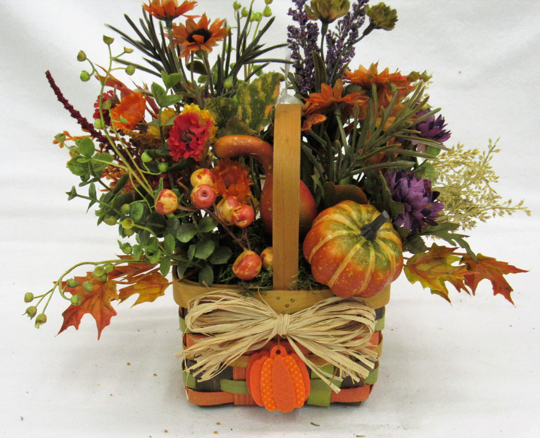 Fall Silk Floral Arrangement in Mini Fall Basket with Pumpkin/BH19 - April's Garden Wreath