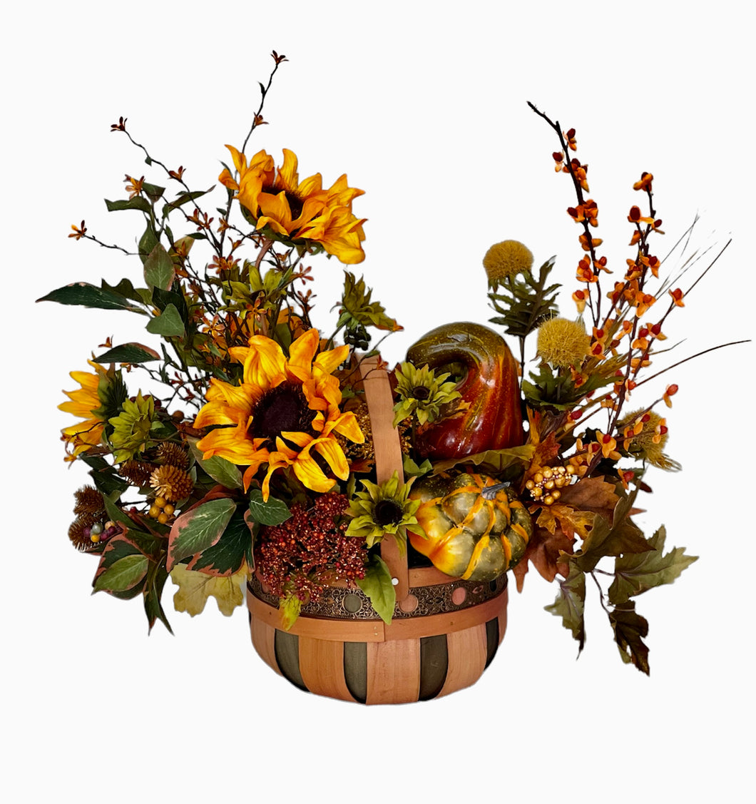 Gold and Green Sunflower Fall Silk Floral Basket Arrangement/FAA01