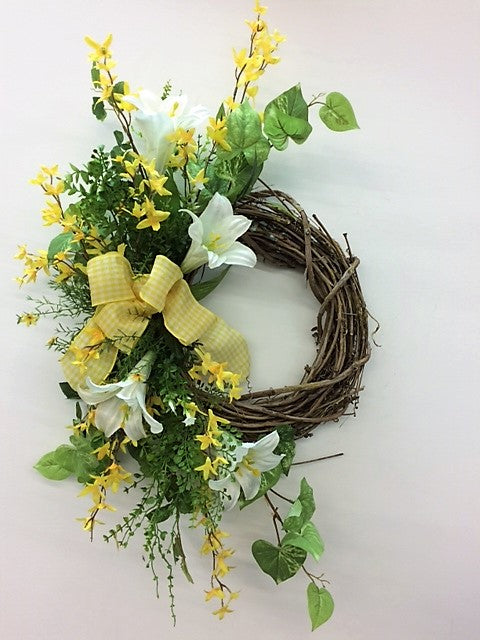 Yellow and Cream Silk Floral Spring Crescent Wreath/Eng149 - April's Garden Wreath