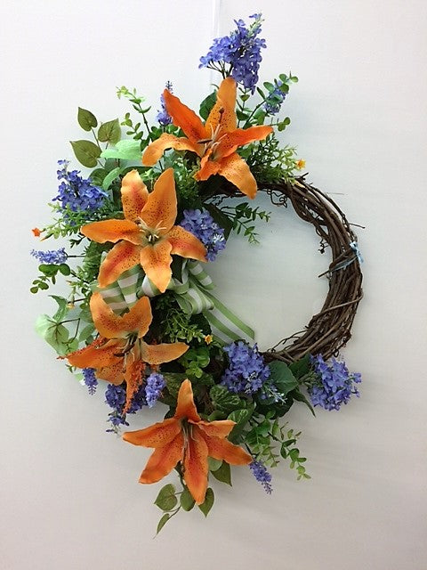 Orange and White Lily Silk Floral Spring Crescent Wreath/Eng151 - April's Garden Wreath