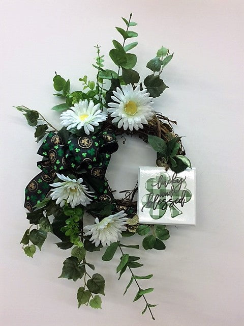 Green and White Silk Floral St. Patricks Crescent Front Door Wreath with Plaque/Eng153 - April's Garden Wreath