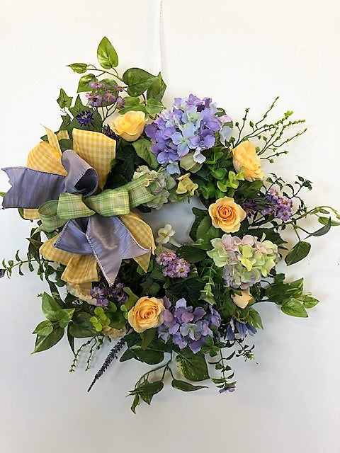 Lavender, Yellow and Cream Silk Floral Summer Petite Wreath/Eng163 - April's Garden Wreath