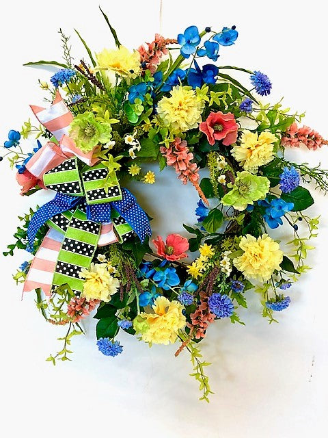 Yellow, Blue, Coral and Green Silk Floral Spring Wreath/Eng179 - April's Garden Wreath