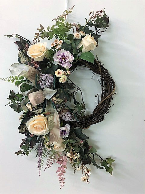 Peach and Purple Silk Floral Spring Crescent Wreath with Roses/ Eng193 - April's Garden Wreath