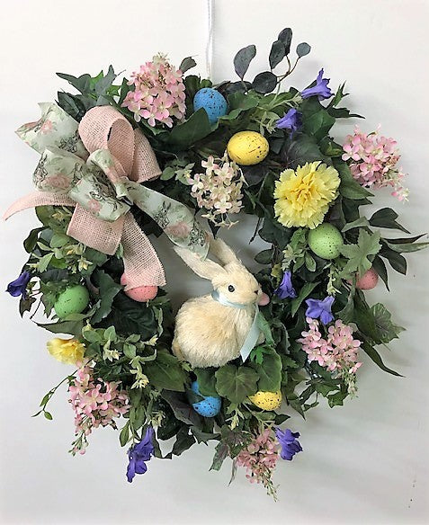 Pink and Yellow Silk Floral Easter Wreath with Easter Bunny/Eng201 - April's Garden Wreath