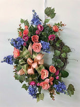 Coral, Pink and Periwinkle Silk Floral Spring Summer Crescent Wreath/Eng211 - April's Garden Wreath