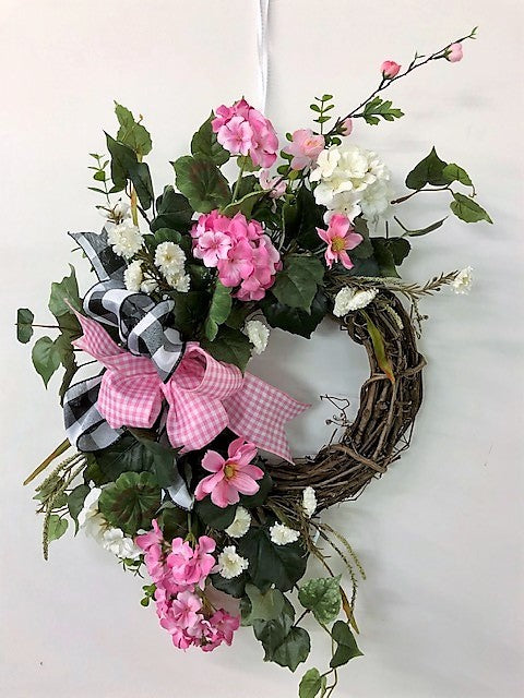 Pink and Cream Silk Floral Spring Petite Crescent Wreath/Eng216 - April's Garden Wreath