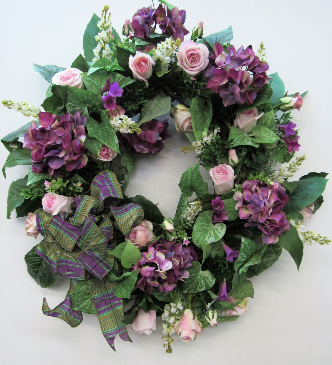 Purple, Pink and Cream Silk Floral Spring Wreath/Eng26 - April's Garden
