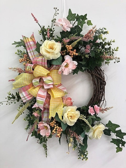 Pink and Yellow Silk Floral Spring Summer Crescent Wreath with Plaque/Eng297