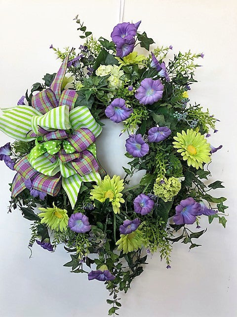 Purple Morning Glory and Green Silk Floral Spring Summer Wreath//ENG40 - April's Garden