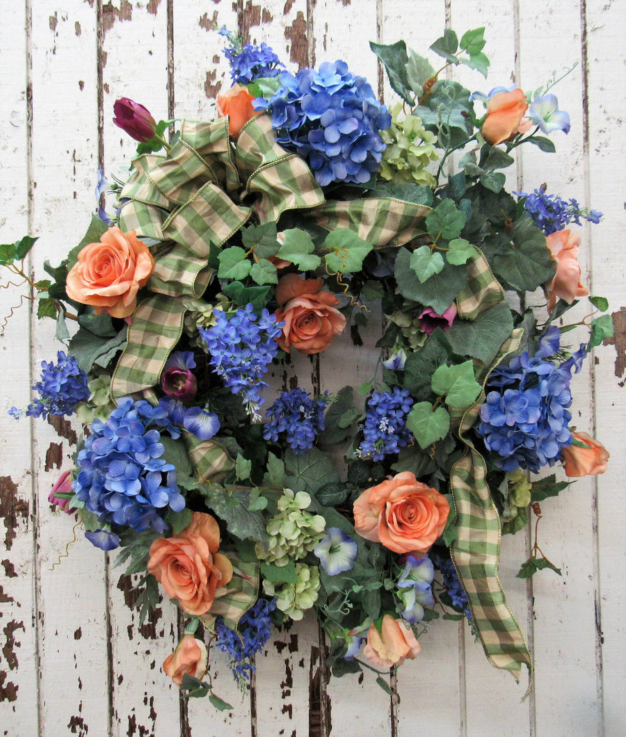 Blue/Lavender and Dusty Orange Spring Wreath/ENG59 - April's Garden