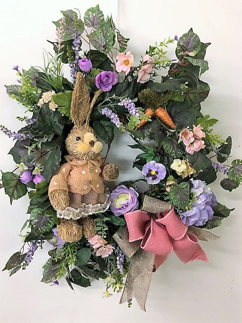 Lavender and Coral Silk Floral Easter Front Door Wreath with Bunny/Eng71 - April's Garden Wreath