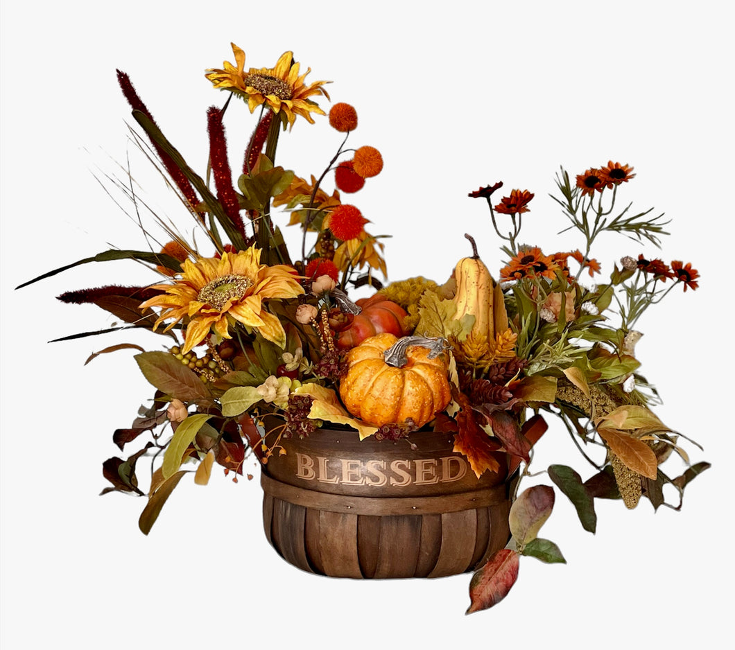 Silk Floral Fall Arrangement with Pumpkins and Sunflowers in Blessed Basket/FAA12
