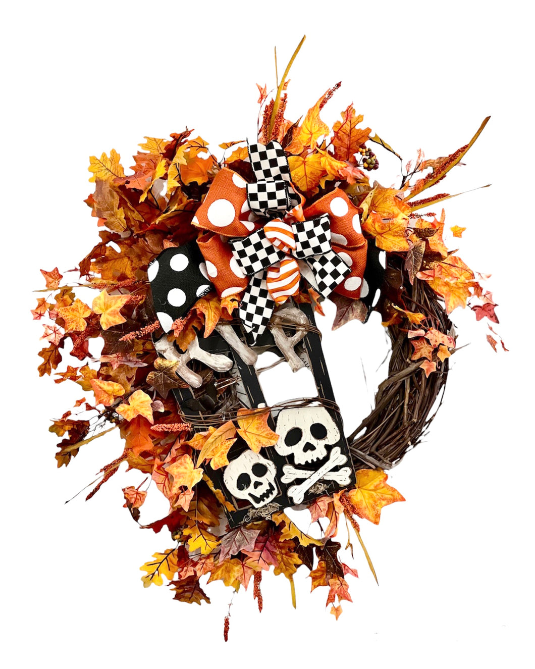 Cream and Orange Silk Floral Halloween Wreath with RIP Plaque/Hal14