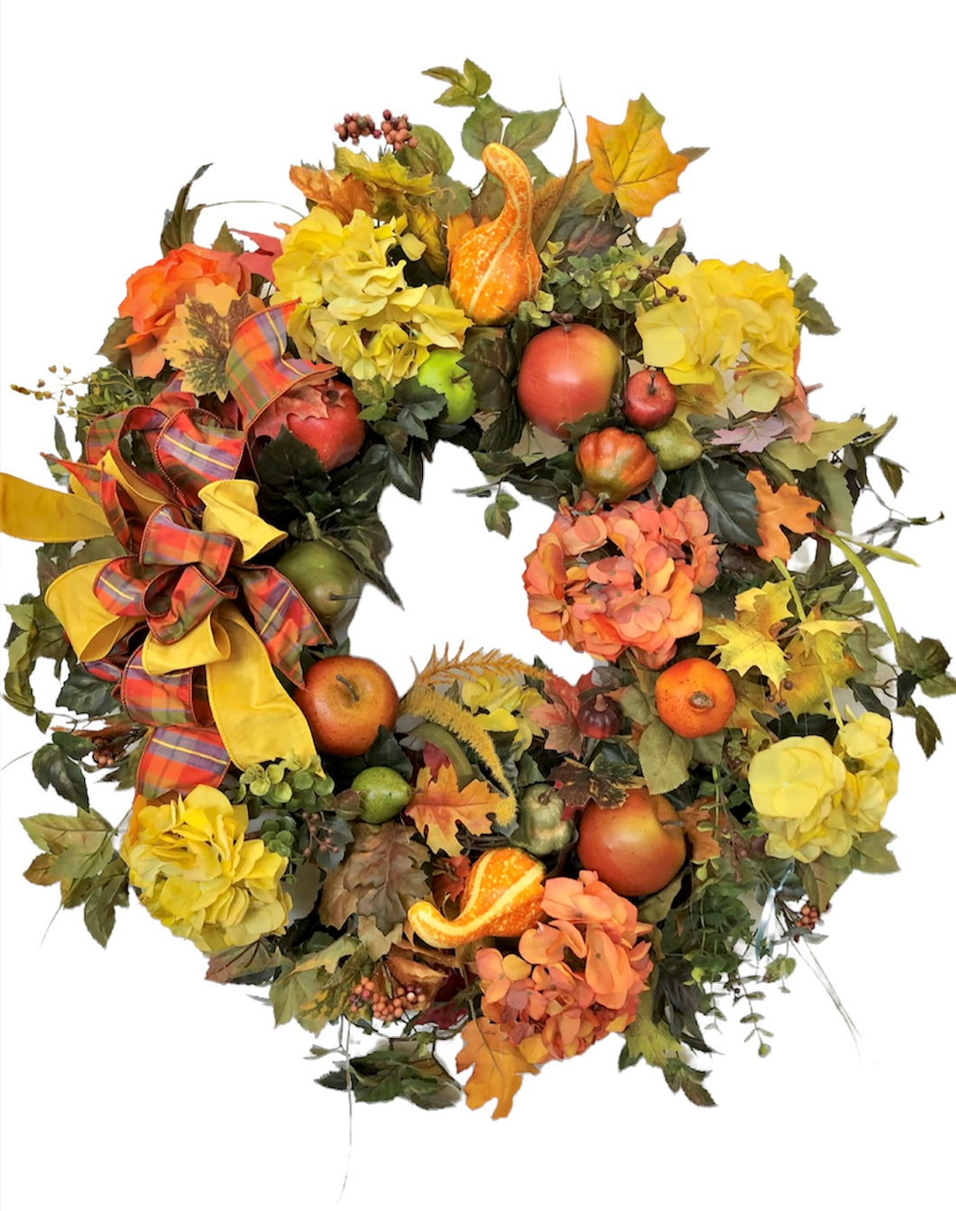 Orange and Yellow Silk Floral Large Fall Wreath with Hydrangeas/Harv101