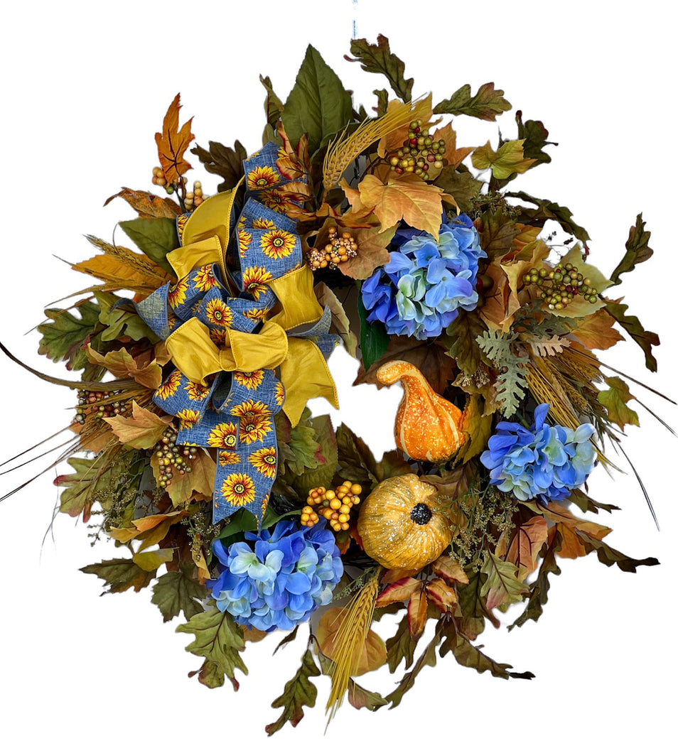 Blue and Gold Silk Floral Fall Hydrangea Wreath with Pumpkins/Harv183