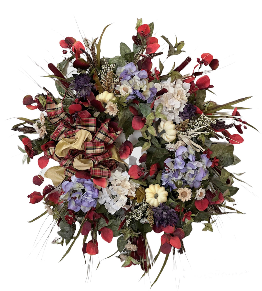 Lavender, Cream and Red Silk Floral Fall Wreath/Harv211
