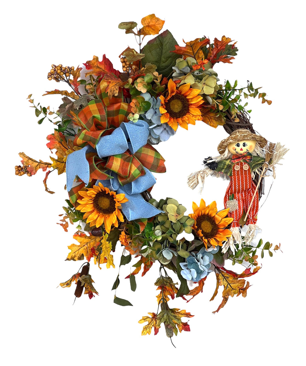 Gold Sunflower, Blue and Green Hydrangea Silk Floral Wreath with Scarecrow/Harv228